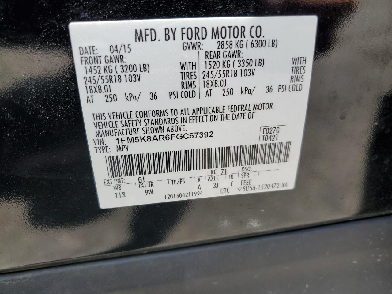 1FM5K8AR6FGC67392 2015 Ford Explorer Police Interceptor