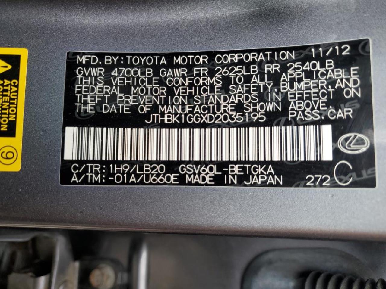 JTHBK1GGXD2035195 2013 Lexus Es 350