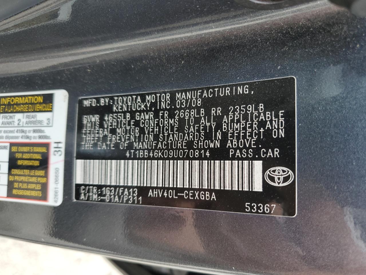 4T1BB46K09U070814 2009 Toyota Camry Hybrid