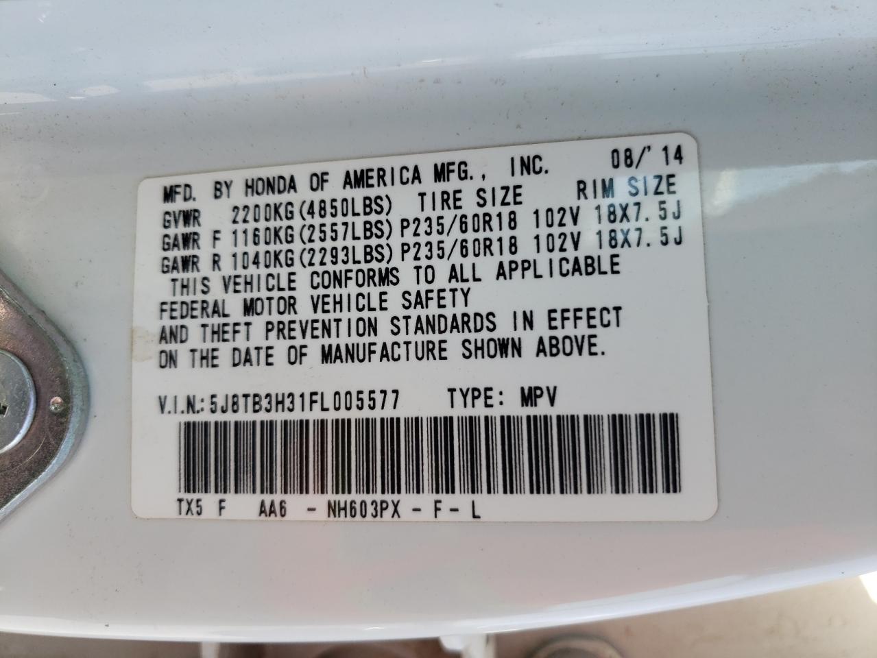 5J8TB3H31FL005577 2015 Acura Rdx