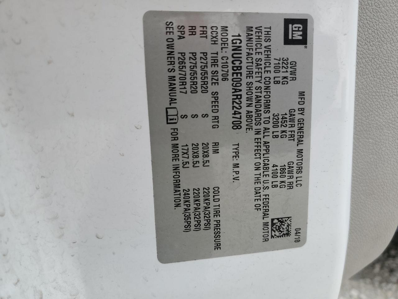 1GNUCBE09AR224708 2010 Chevrolet Tahoe C1500 Lt