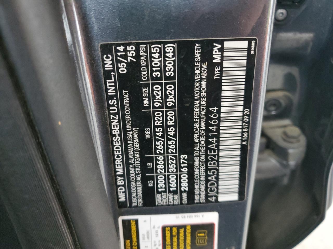 4JGDA5JB2EA414664 2014 Mercedes-Benz Ml 350