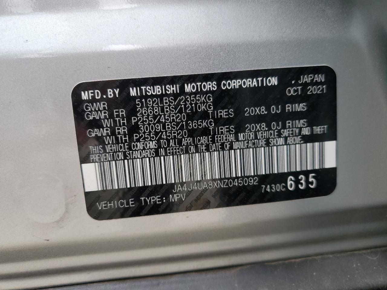 JA4J4UA8XNZ045092 2022 Mitsubishi Outlander Se