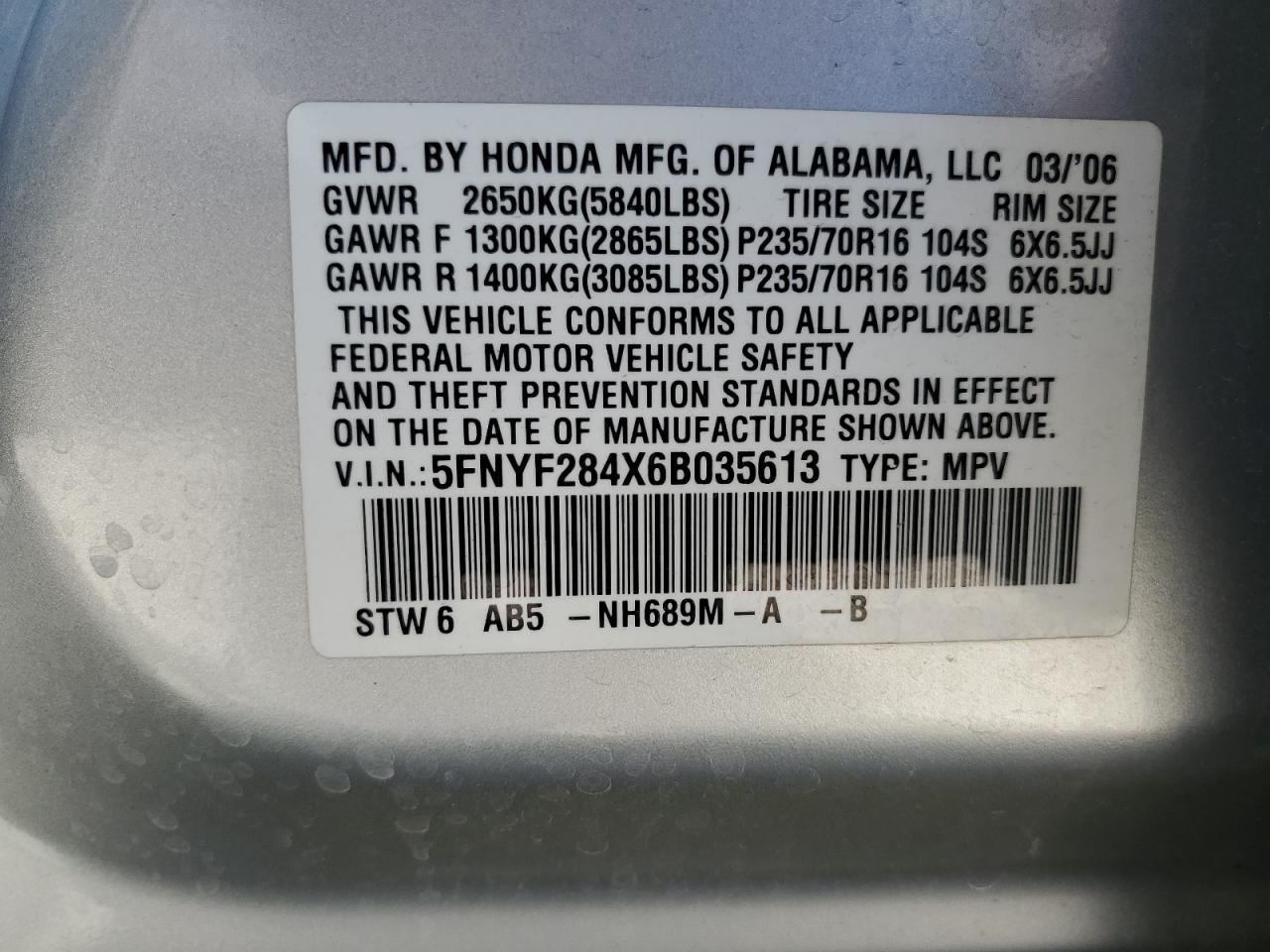 5FNYF284X6B035613 2006 Honda Pilot Ex