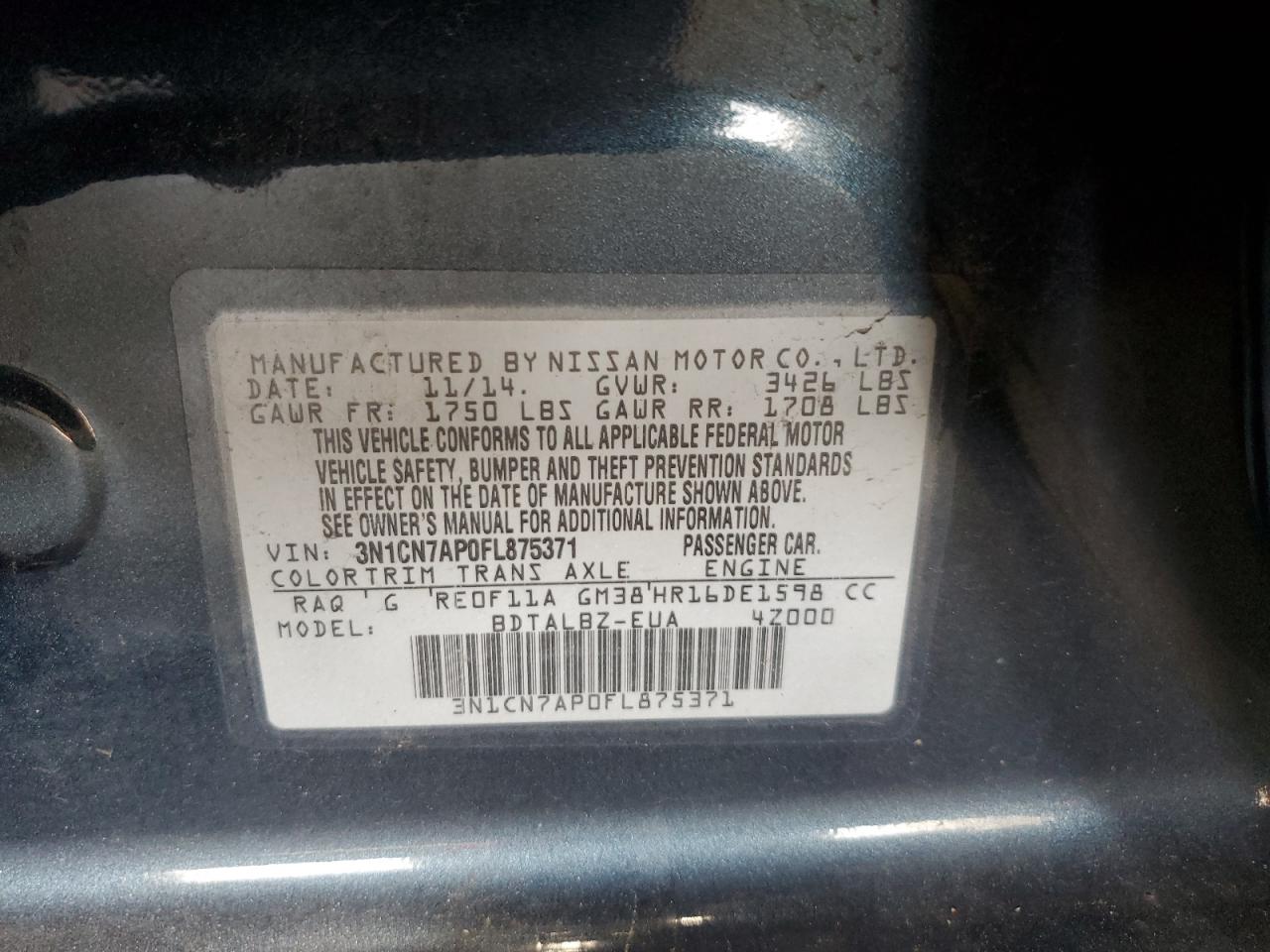 3N1CN7AP0FL875371 2015 Nissan Versa S