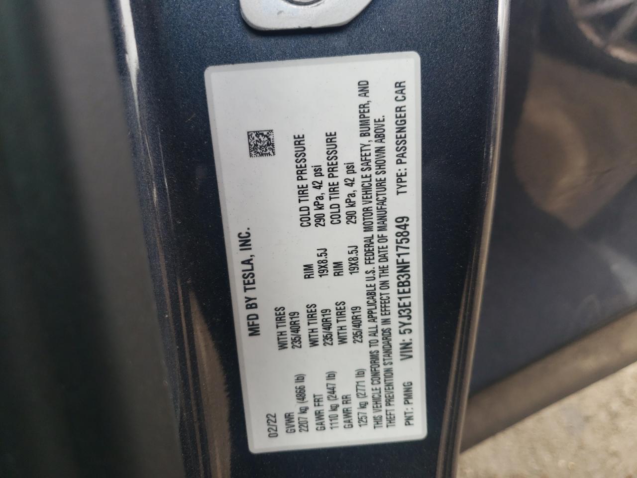 5YJ3E1EB3NF175849 2022 Tesla Model 3