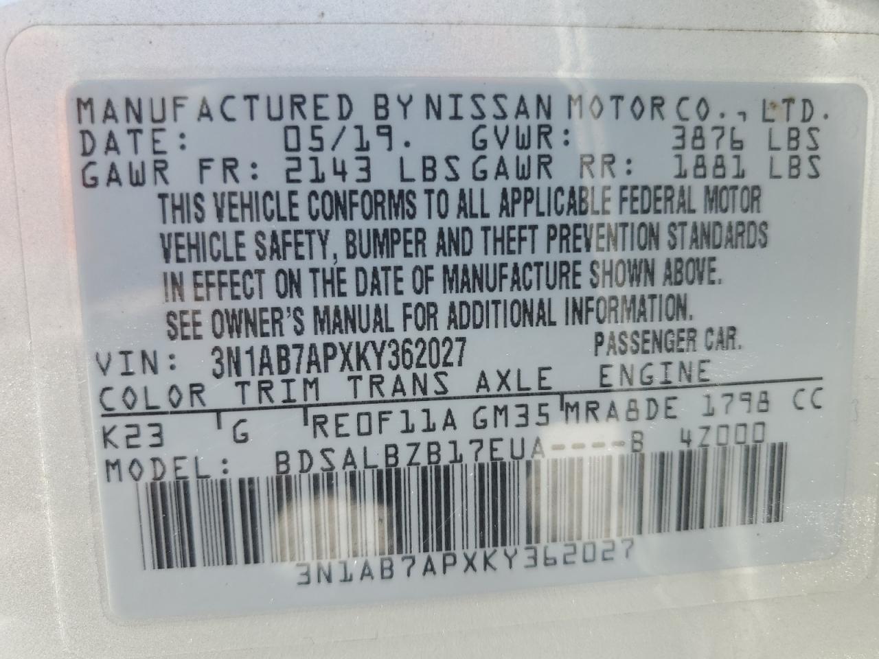 3N1AB7APXKY362027 2019 Nissan Sentra S