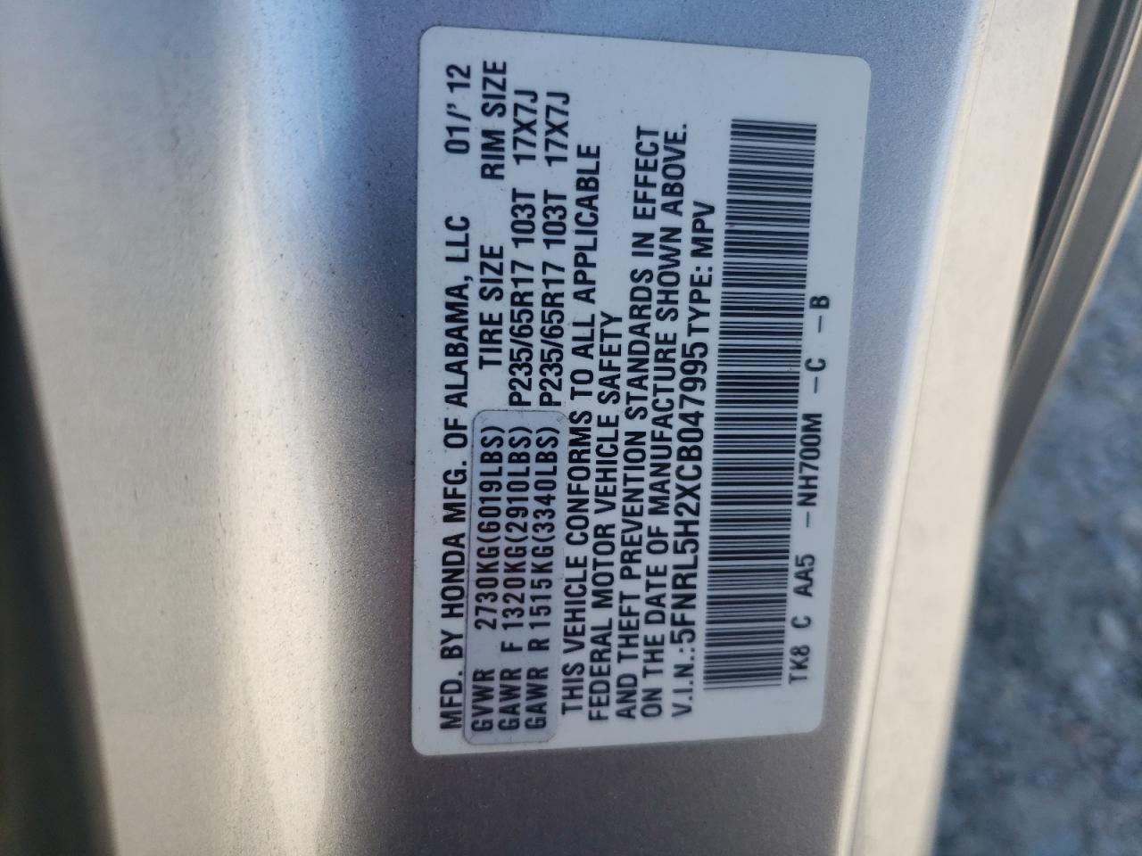 5FNRL5H2XCB047995 2012 Honda Odyssey Lx