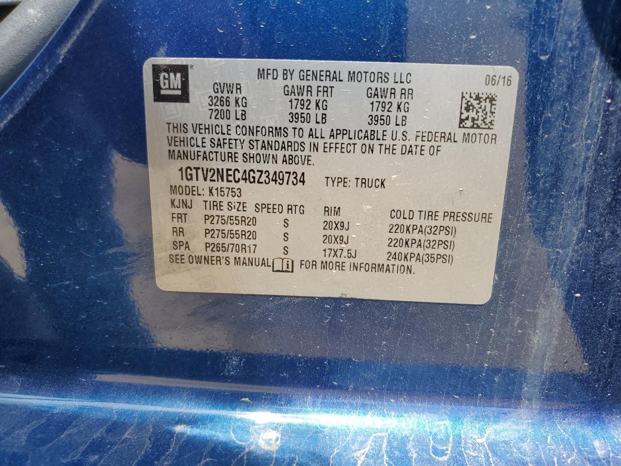 1GTV2NEC4GZ349734 2016 GMC Sierra K1500 Slt