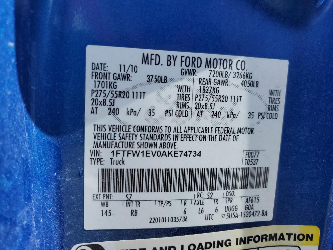 1FTFW1EV0AKE74734 2010 Ford F150 Supercrew