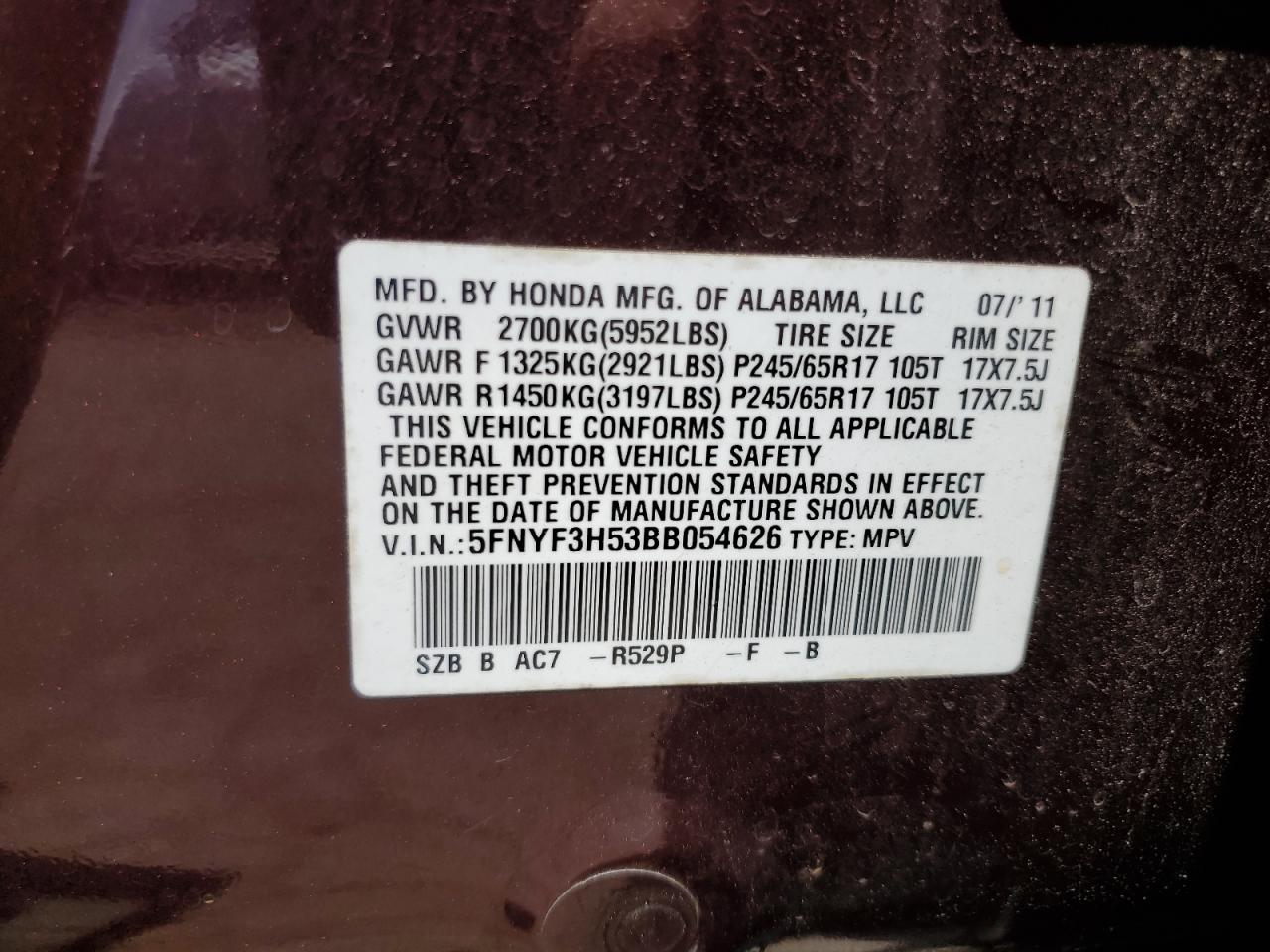 5FNYF3H53BB054626 2011 Honda Pilot Exl