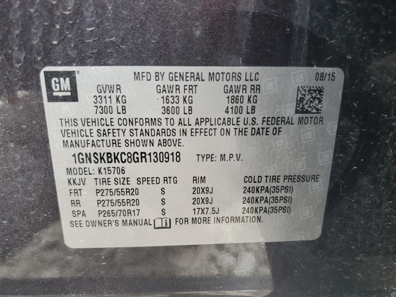 1GNSKBKC8GR130918 2016 Chevrolet Tahoe K1500 Lt