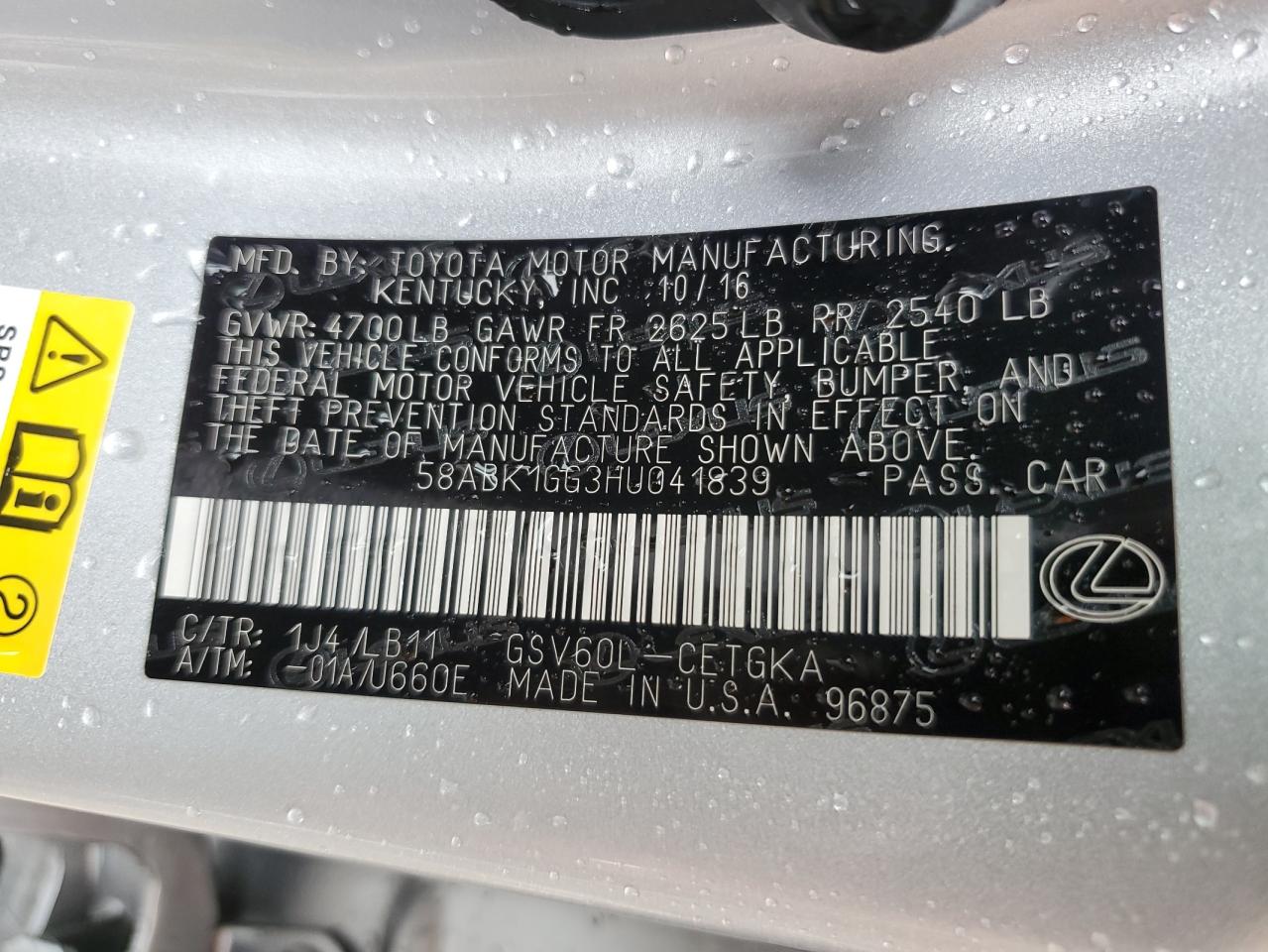 58ABK1GG3HU041839 2017 Lexus Es 350