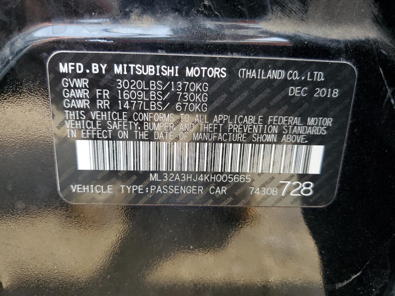 ML32A3HJ4KH005665 2019 Mitsubishi Mirage Es