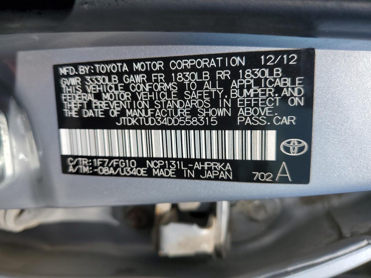 JTDKTUD34DD558315 2013 Toyota Yaris