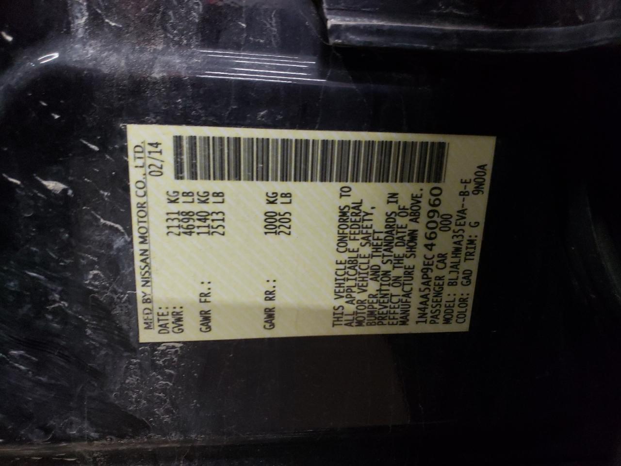 1N4AA5AP9EC460960 2014 Nissan Maxima S