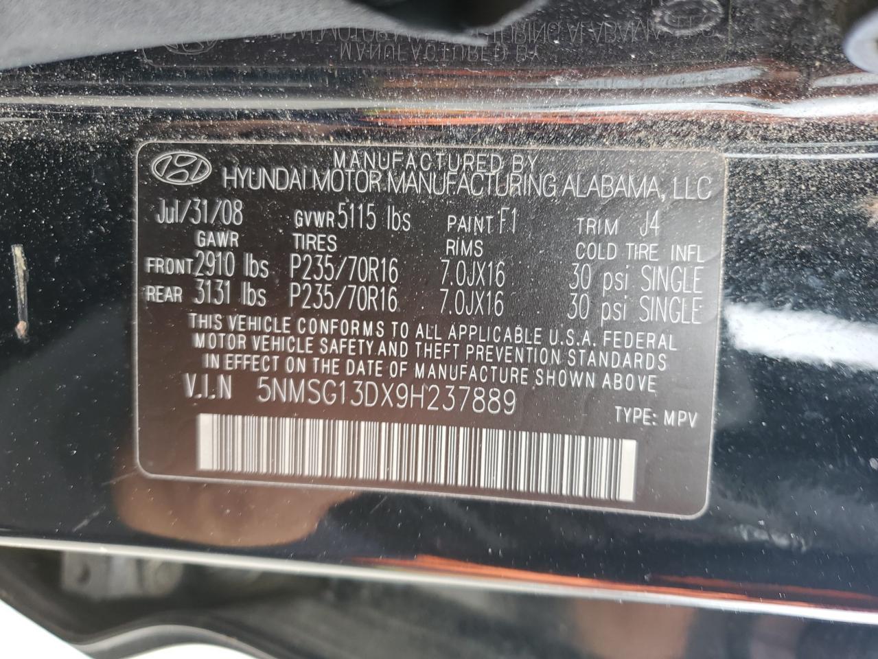 5NMSG13DX9H237889 2009 Hyundai Santa Fe Gls