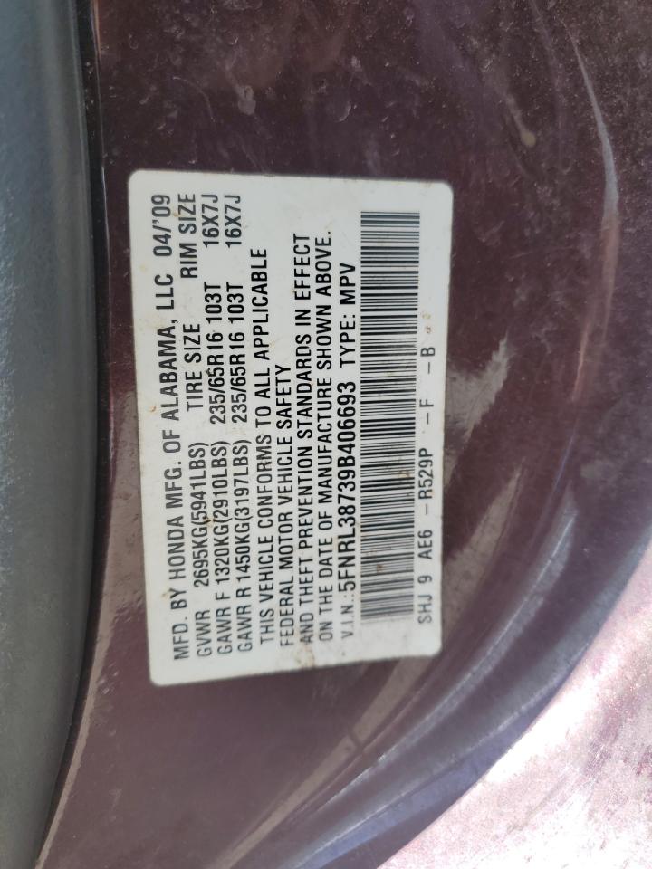 5FNRL38739B406693 2009 Honda Odyssey Exl