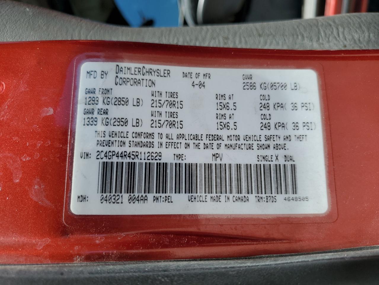 2C4GP44R45R112629 2005 Chrysler Town & Country Lx