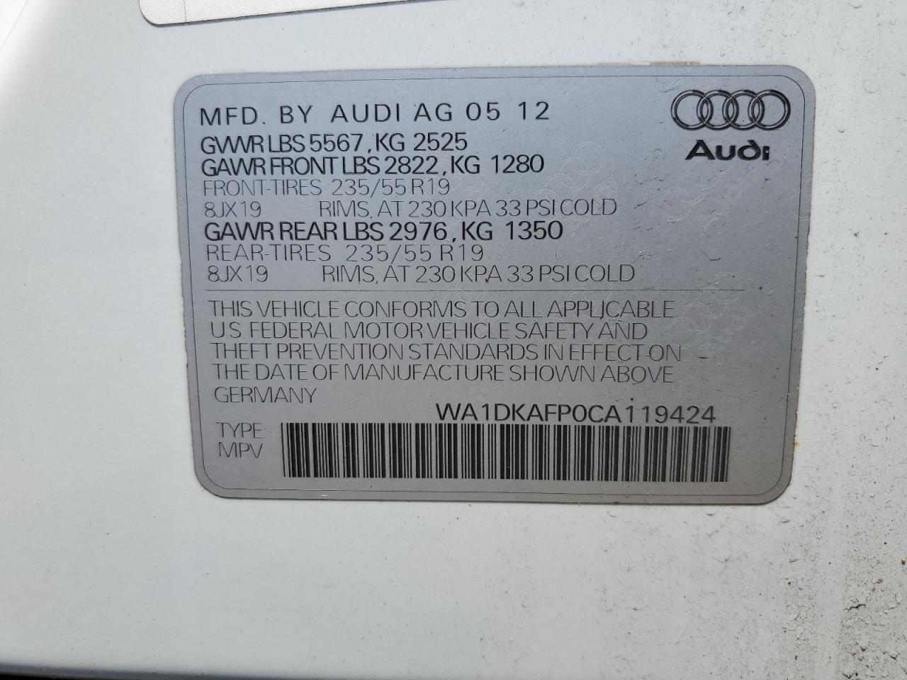 WA1DKAFP0CA119424 2012 Audi Q5 Premium Plus