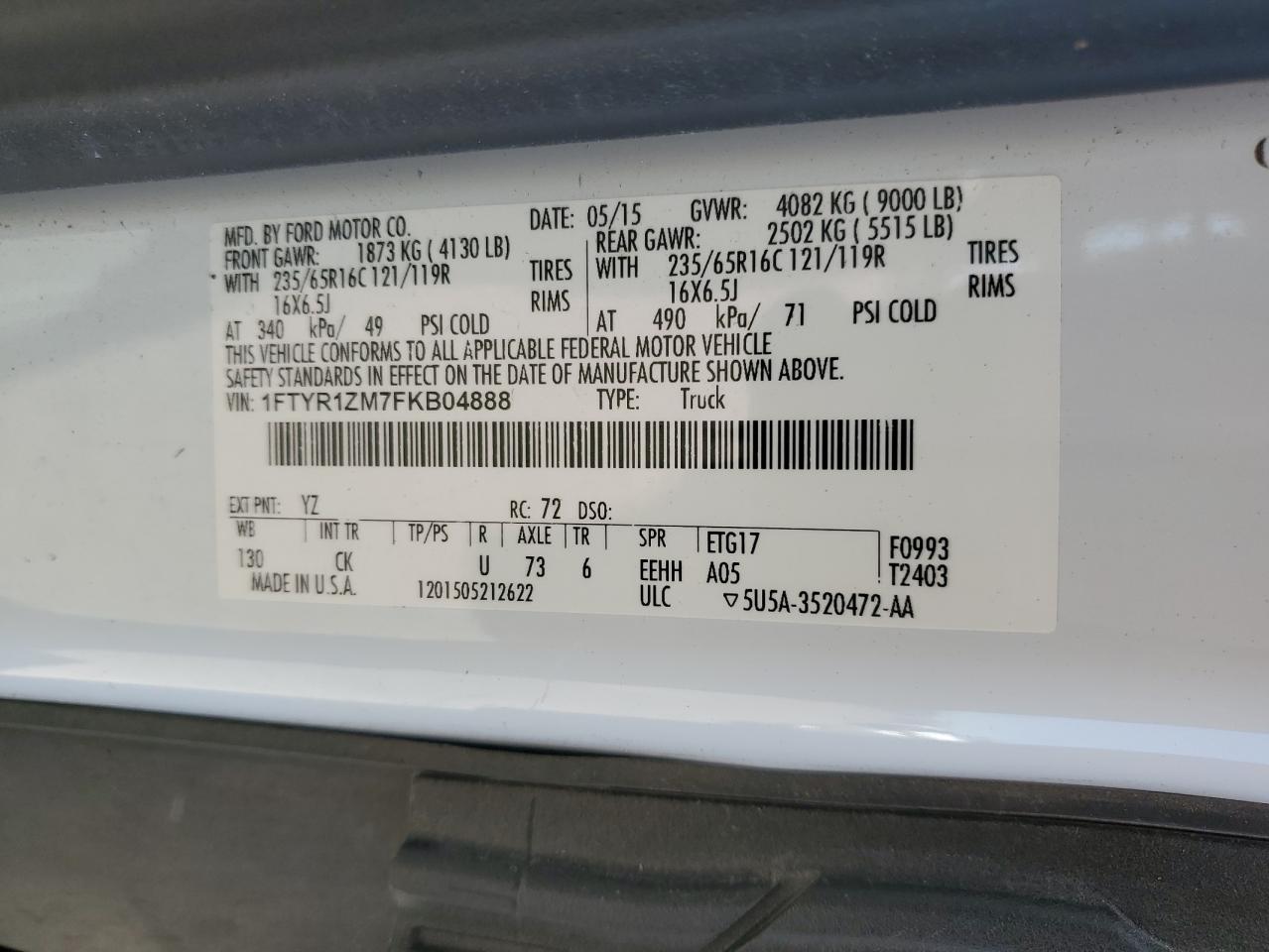 1FTYR1ZM7FKB04888 2015 Ford Transit T-250