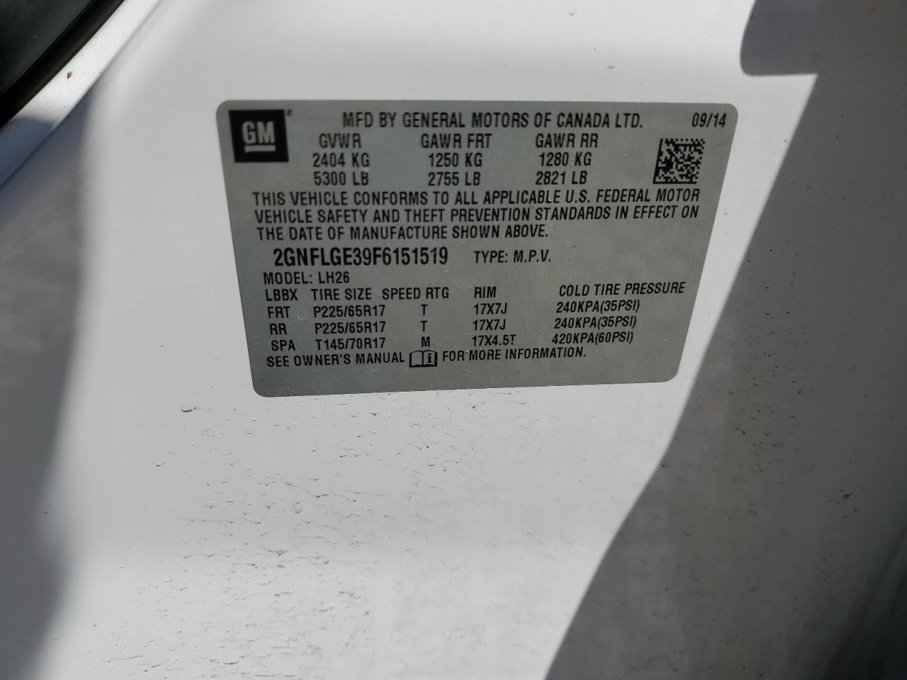 2GNFLGE39F6151519 2015 Chevrolet Equinox Lt