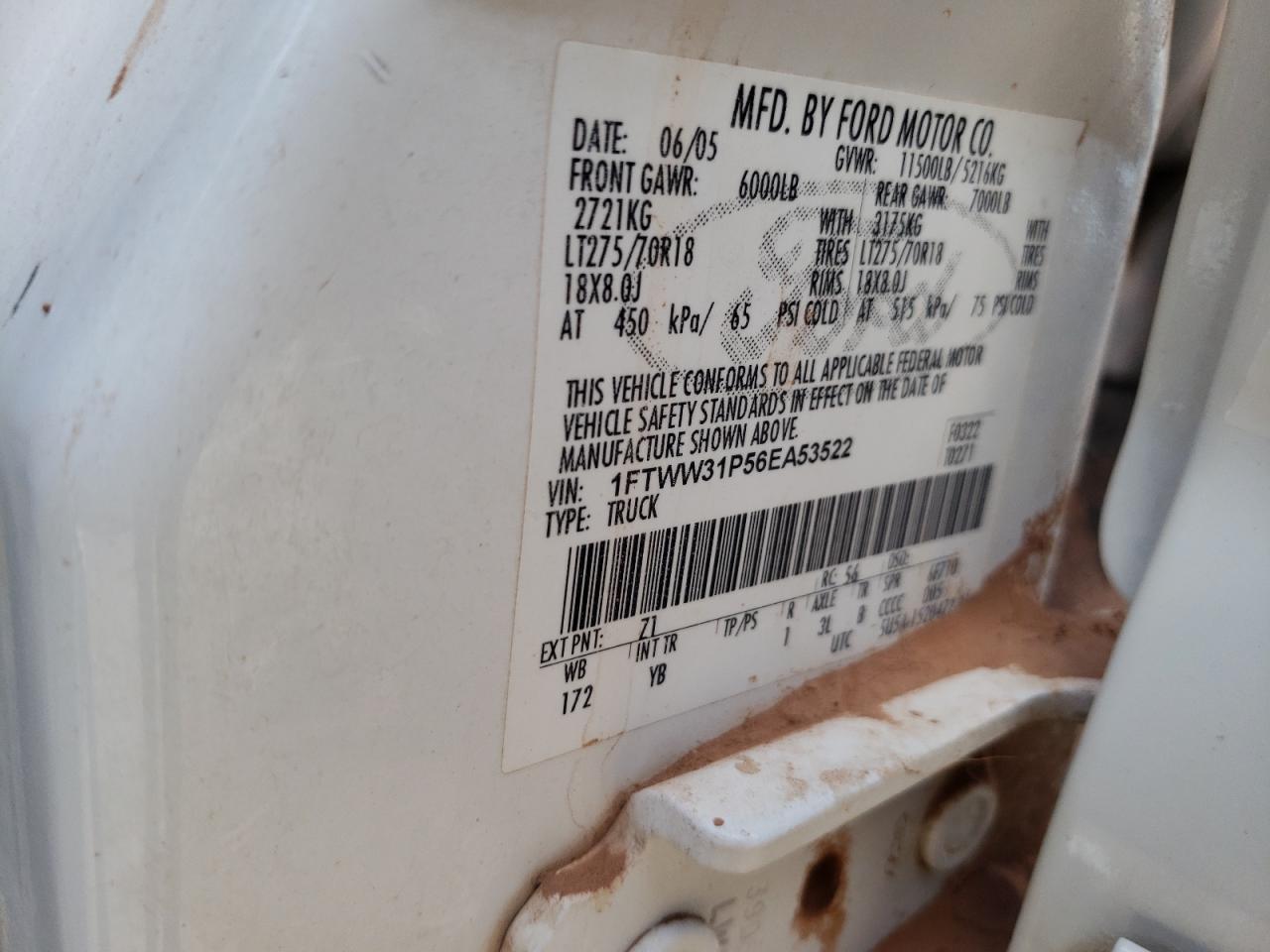 1FTWW31P56EA53522 2006 Ford F350 Srw Super Duty