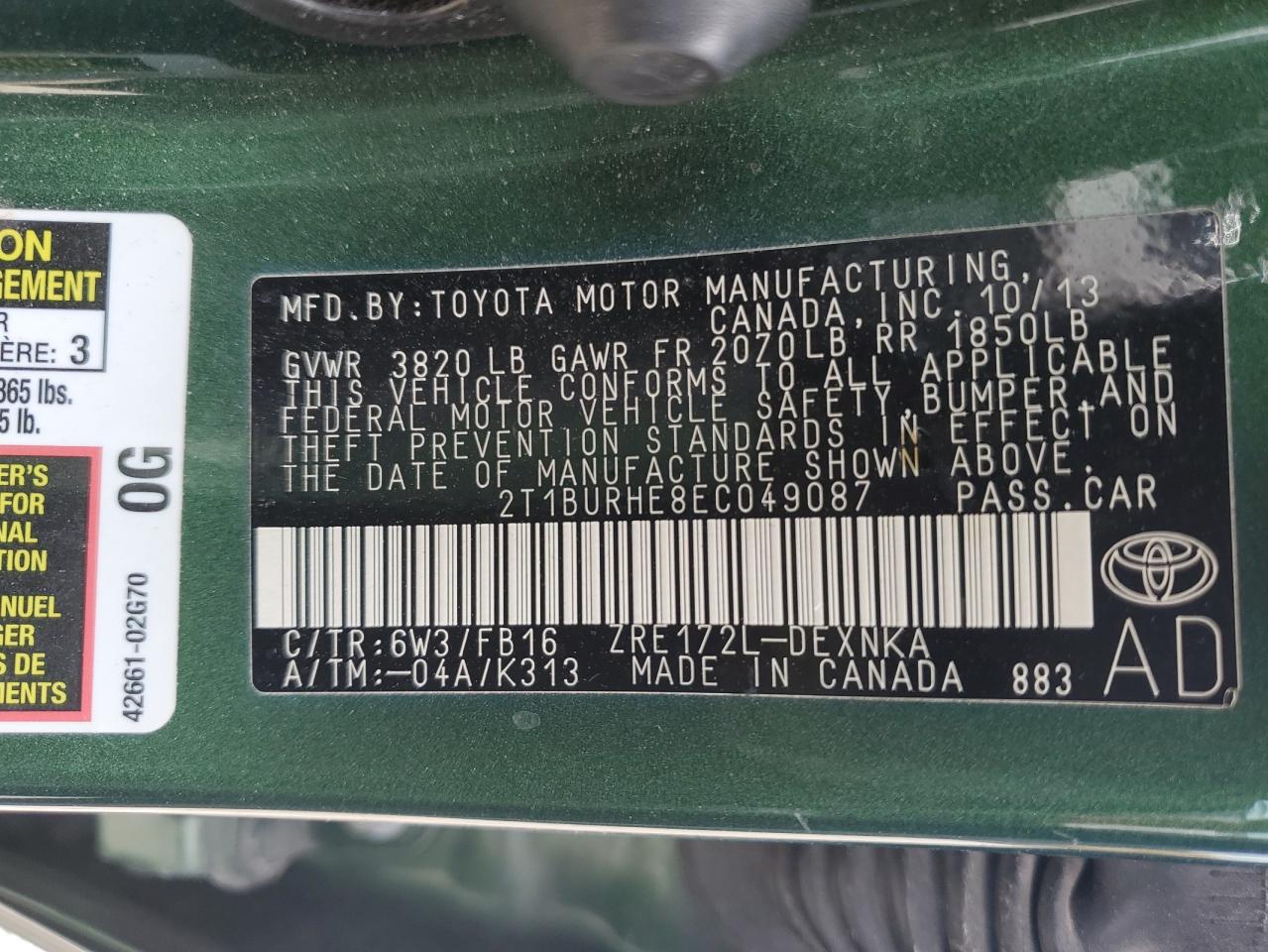 2T1BURHE8EC049087 2014 Toyota Corolla L