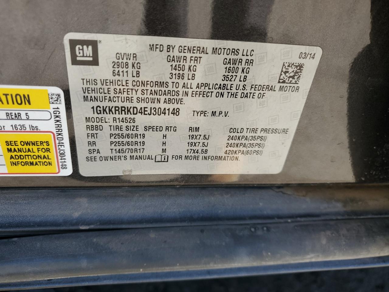 1GKKRRKD4EJ304148 2014 GMC Acadia Slt-1