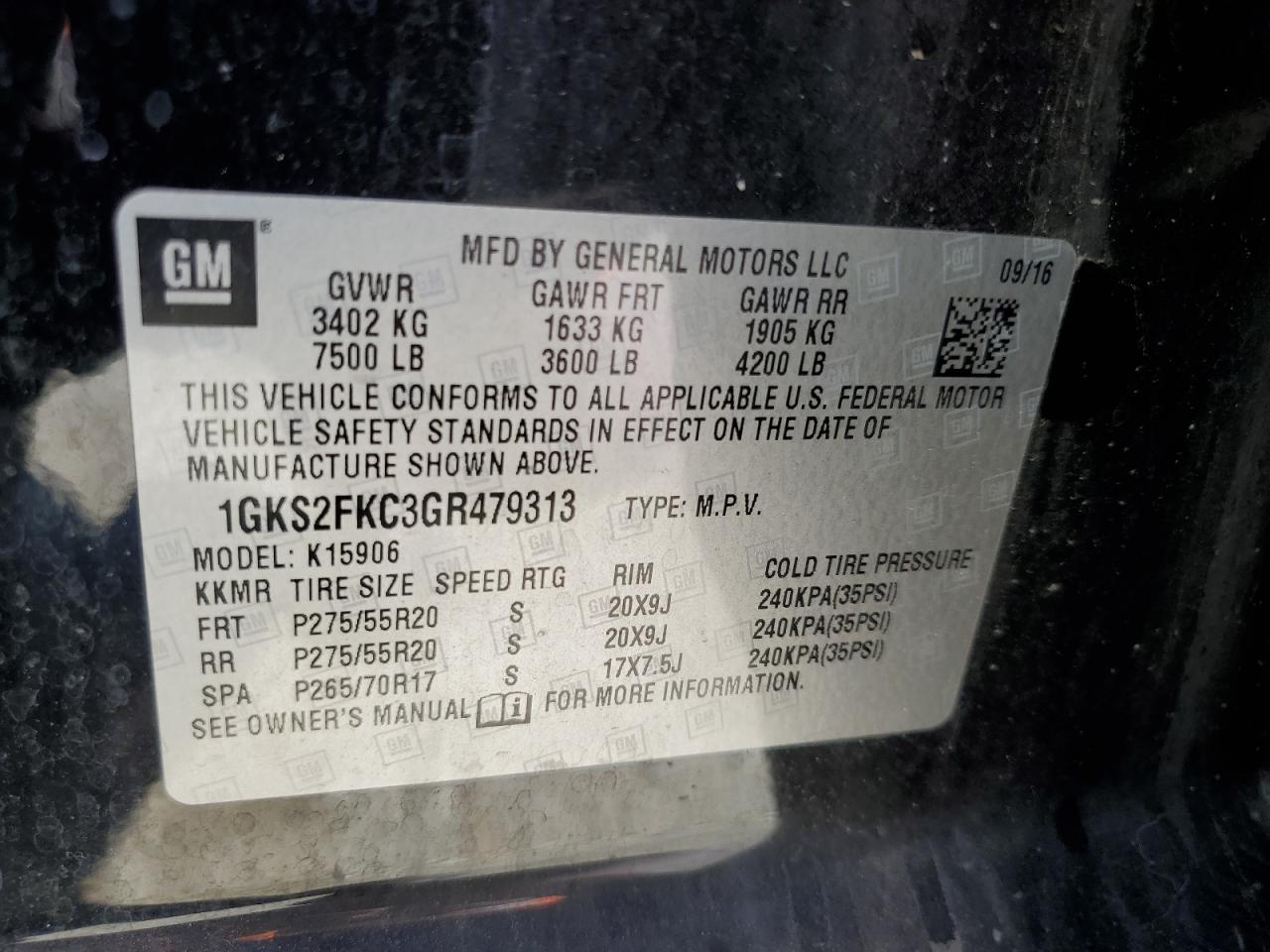 1GKS2FKC3GR479313 2016 GMC Yukon Xl K1500 Sle