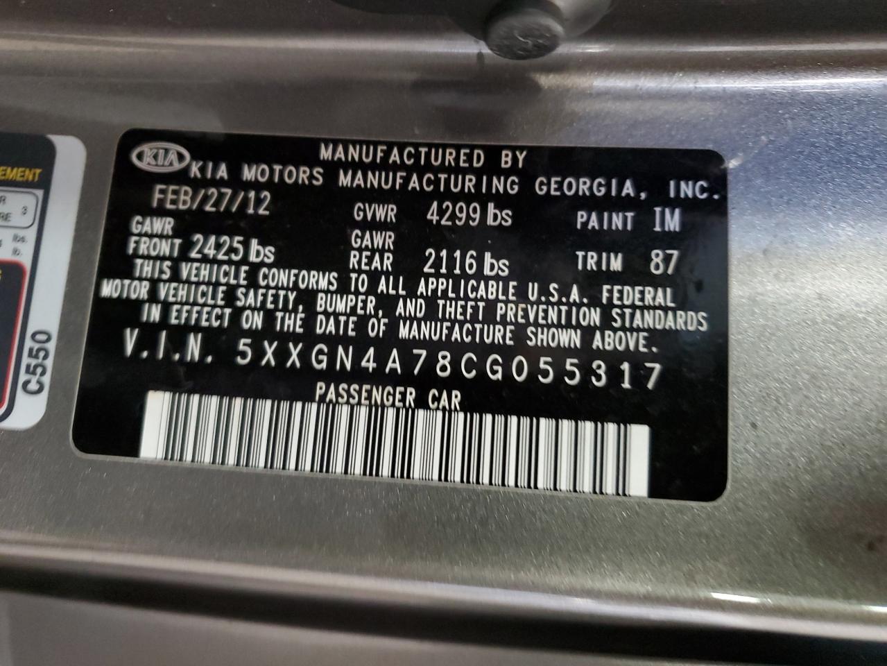 5XXGN4A78CG055317 2012 Kia Optima Ex