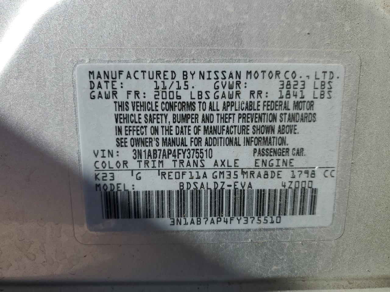 3N1AB7AP4FY375510 2015 Nissan Sentra S