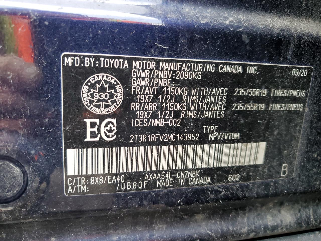 2T3R1RFV2MC143952 2021 Toyota Rav4 Xle