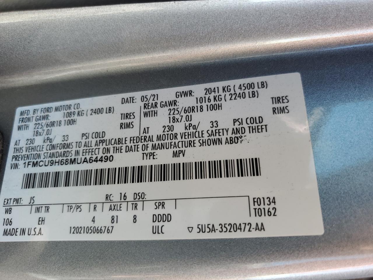 1FMCU9H68MUA64490 FORD ESCAPE 2021