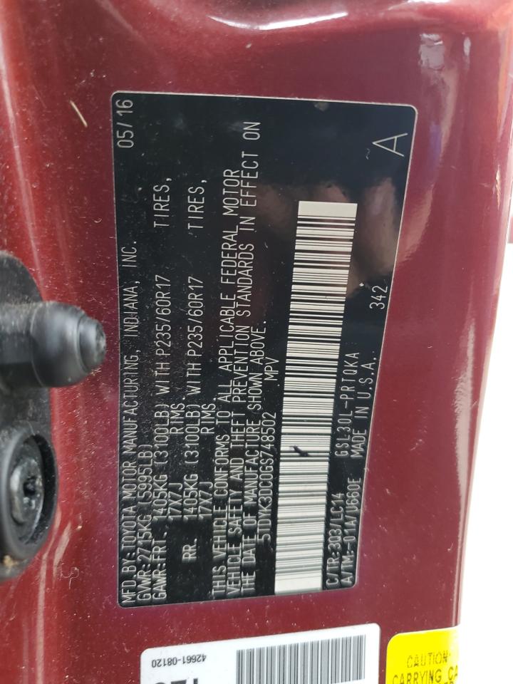 5TDYK3DC0GS748502 2016 Toyota Sienna Xle