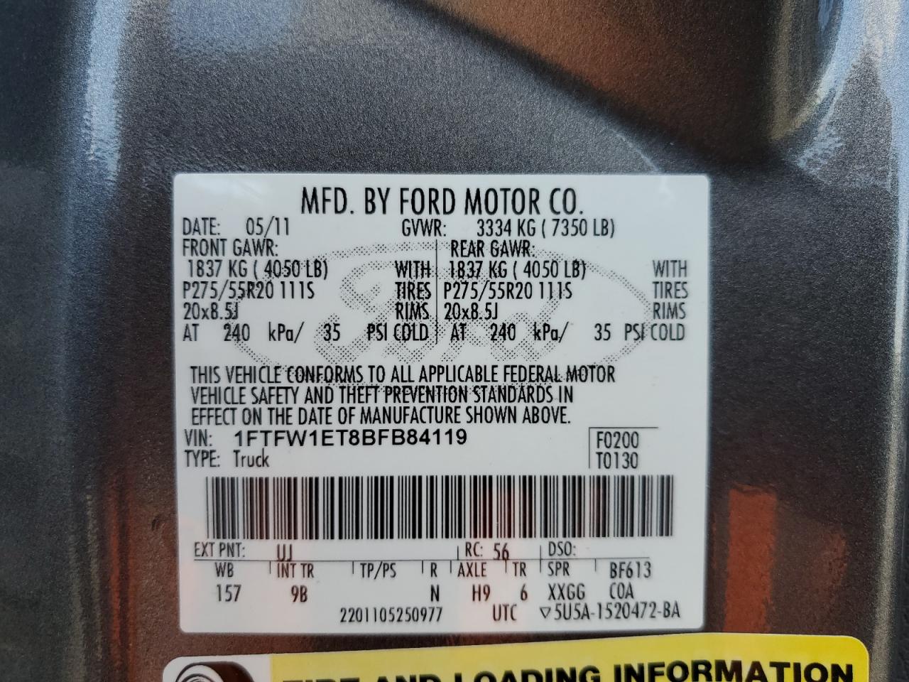 1FTFW1ET8BFB84119 2011 Ford F150 Supercrew