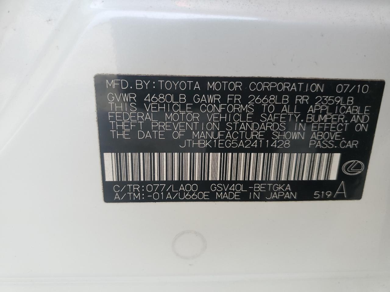 JTHBK1EG5A2411428 2010 Lexus Es 350