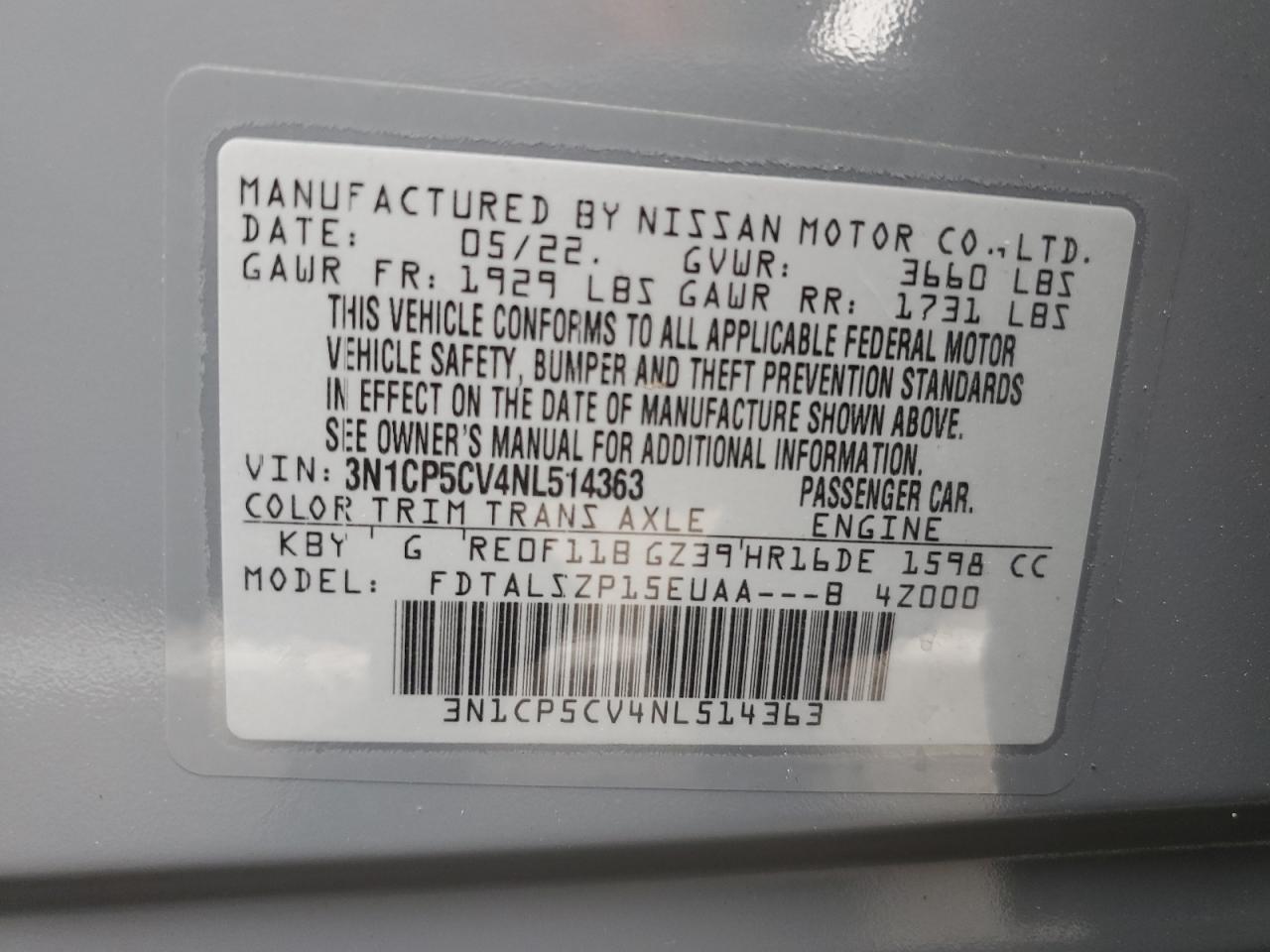 3N1CP5CV4NL514363 2022 Nissan Kicks Sv