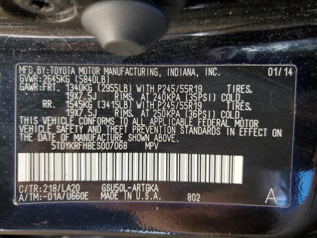 5TDYKRFH8ES007068 2014 Toyota Highlander Limited