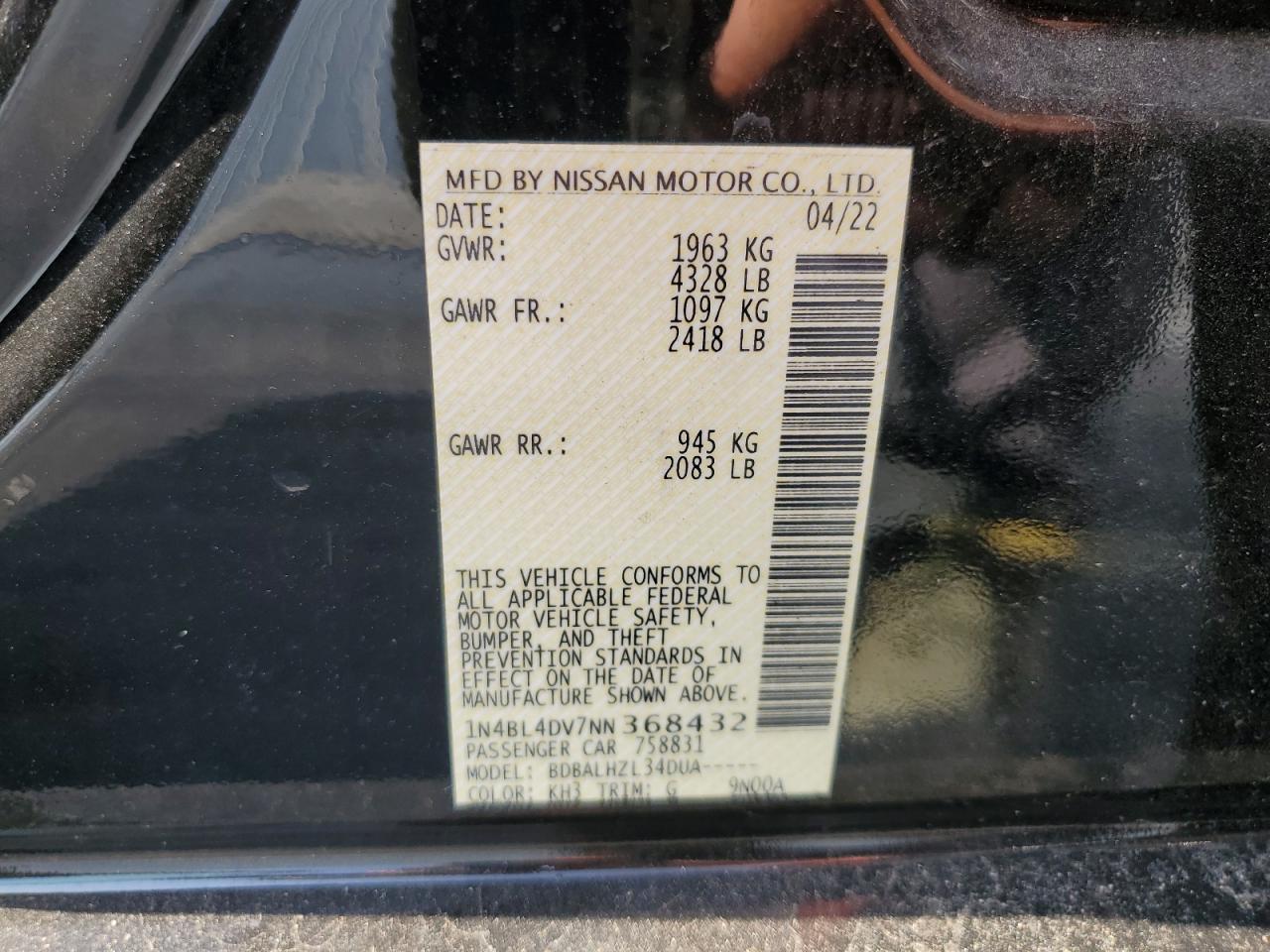 2022 Nissan Altima Sv vin: 1N4BL4DV7NN368432