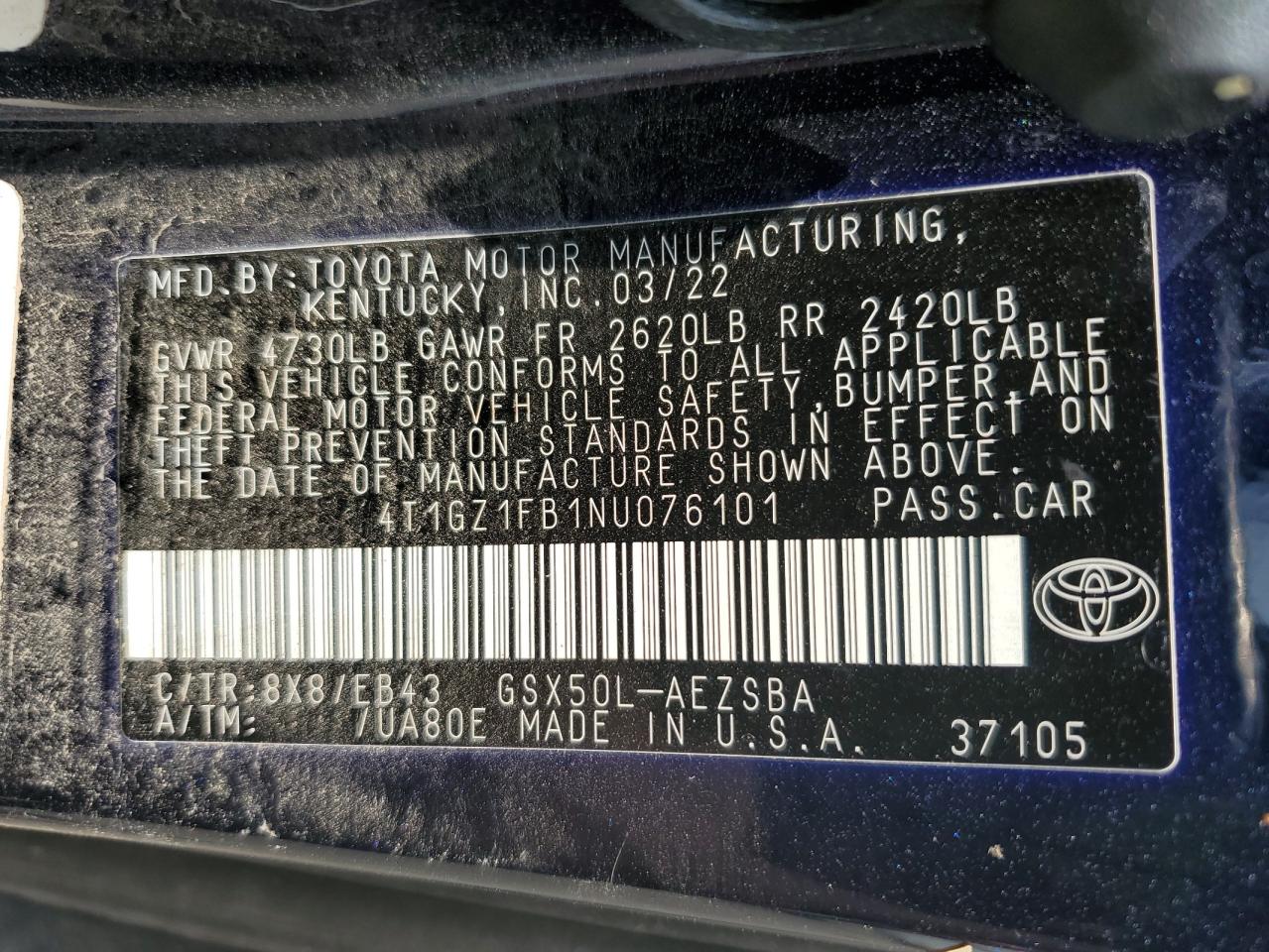 4T1GZ1FB1NU076101 TOYOTA AVALON 2022