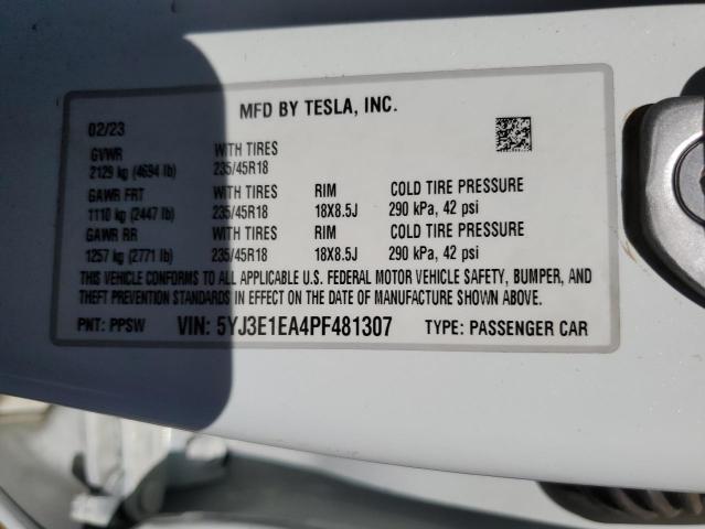 2023 Tesla Model 3 VIN: 5YJ3E1EA4PF481307 Lot: 54254754