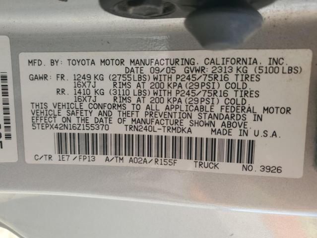 2006 Toyota Tacoma VIN: 5TEPX42N16Z155370 Lot: 53878284