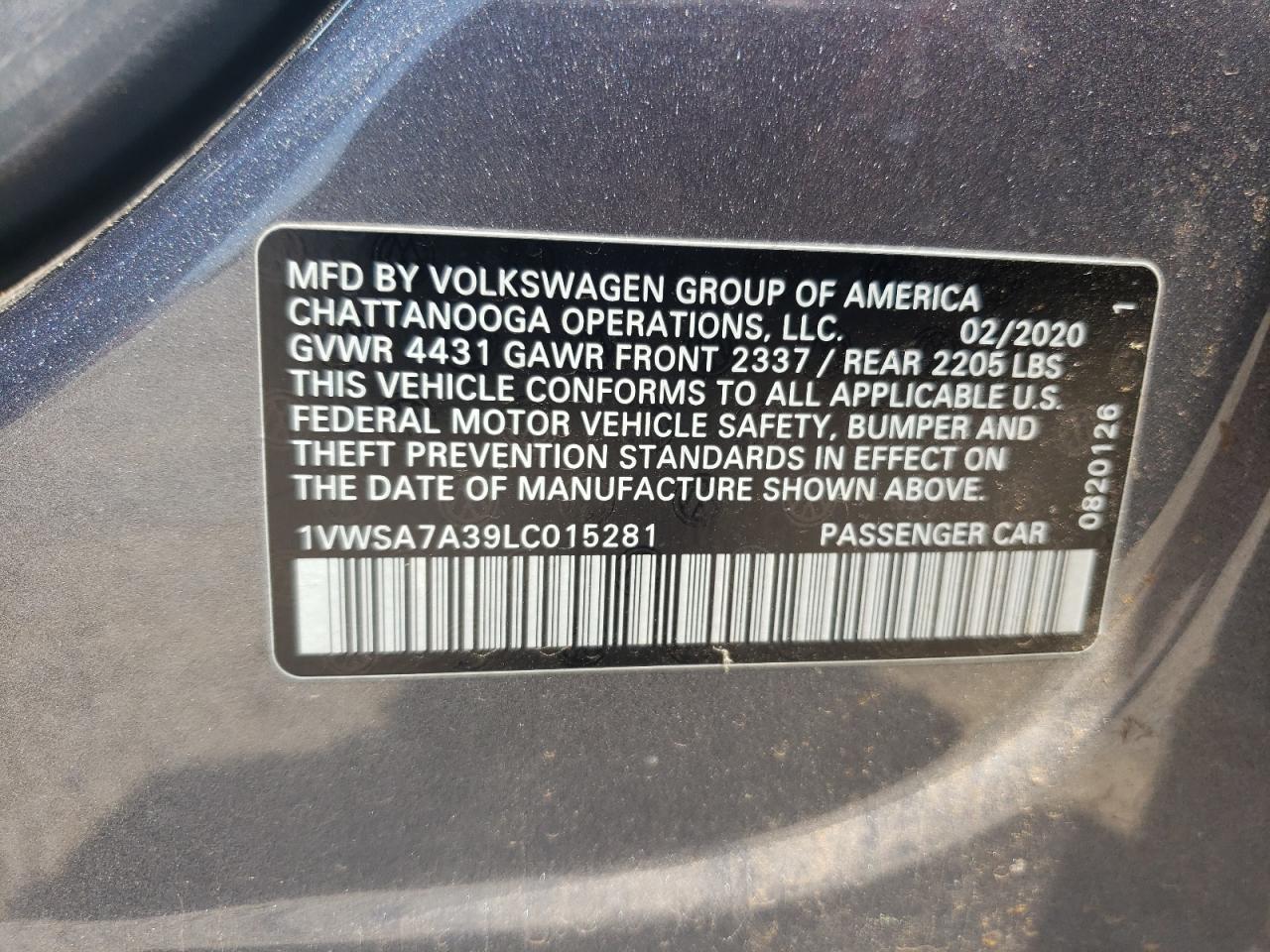 1VWSA7A39LC015281 2020 Volkswagen Passat Se