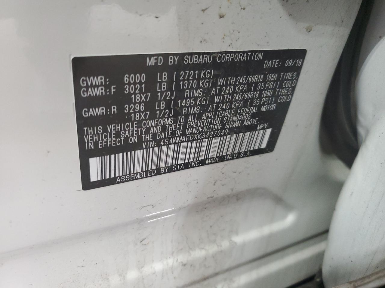 4S4WMAFDXK3427049 2019 Subaru Ascent Premium