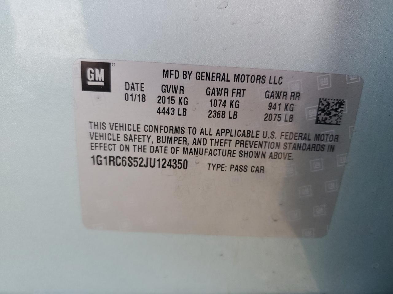 1G1RC6S52JU124350 2018 Chevrolet Volt Lt