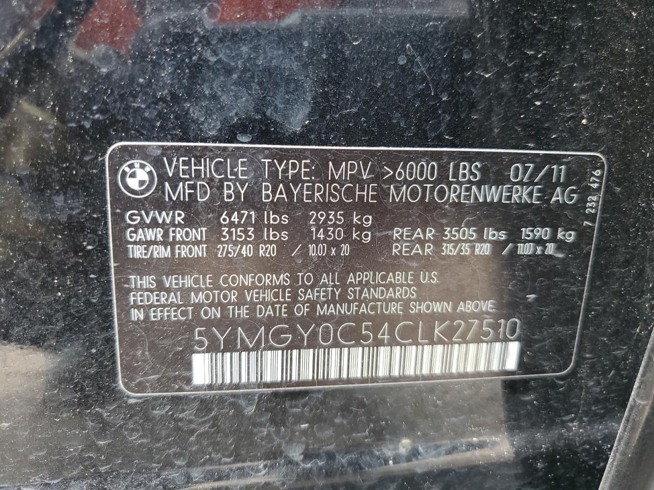 5YMGY0C54CLK27510 2012 BMW X5 M