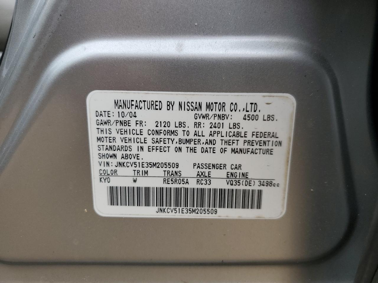 JNKCV51E35M205509 2005 Infiniti G35