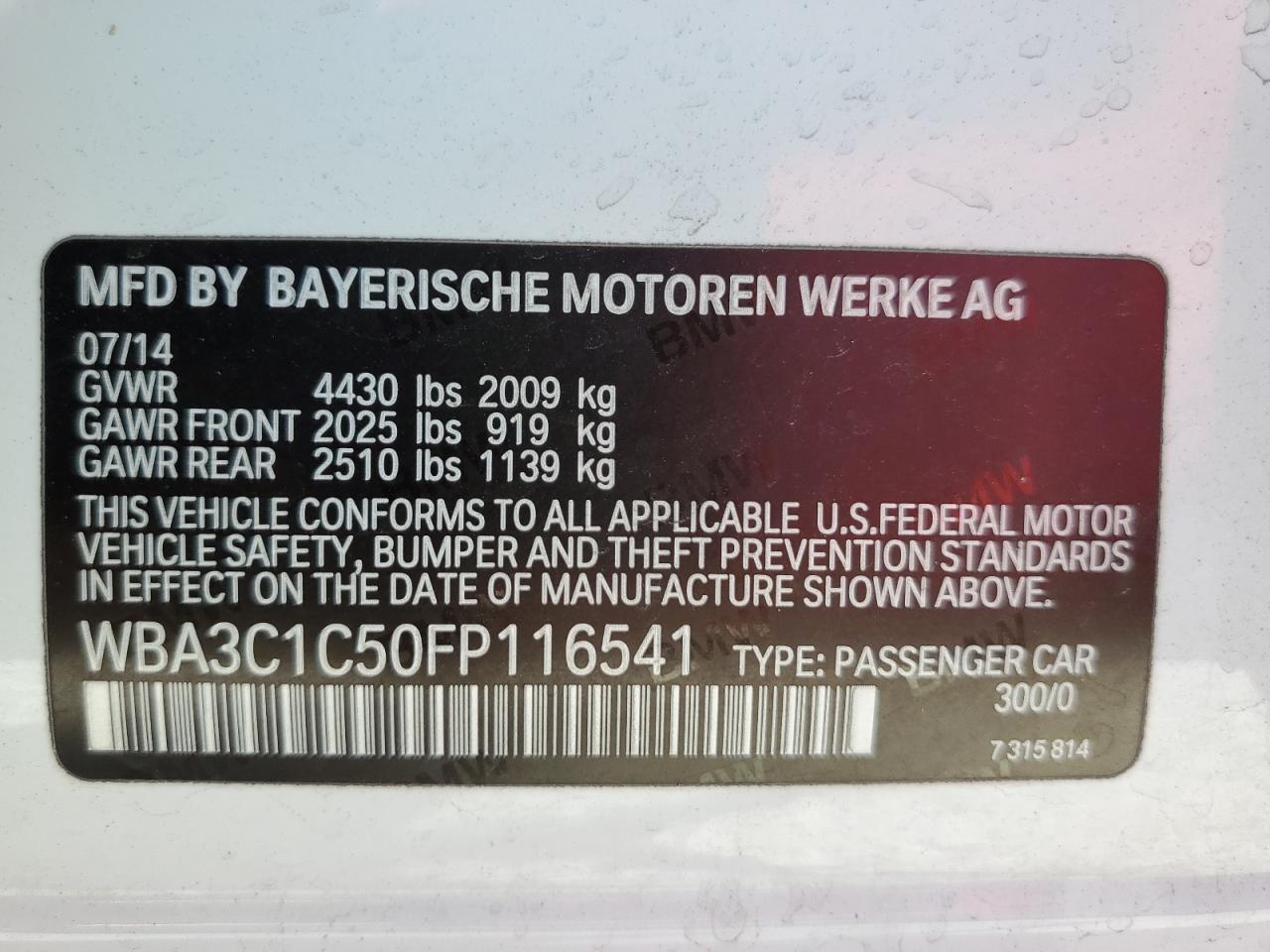 WBA3C1C50FP116541 2015 BMW 328 I Sulev