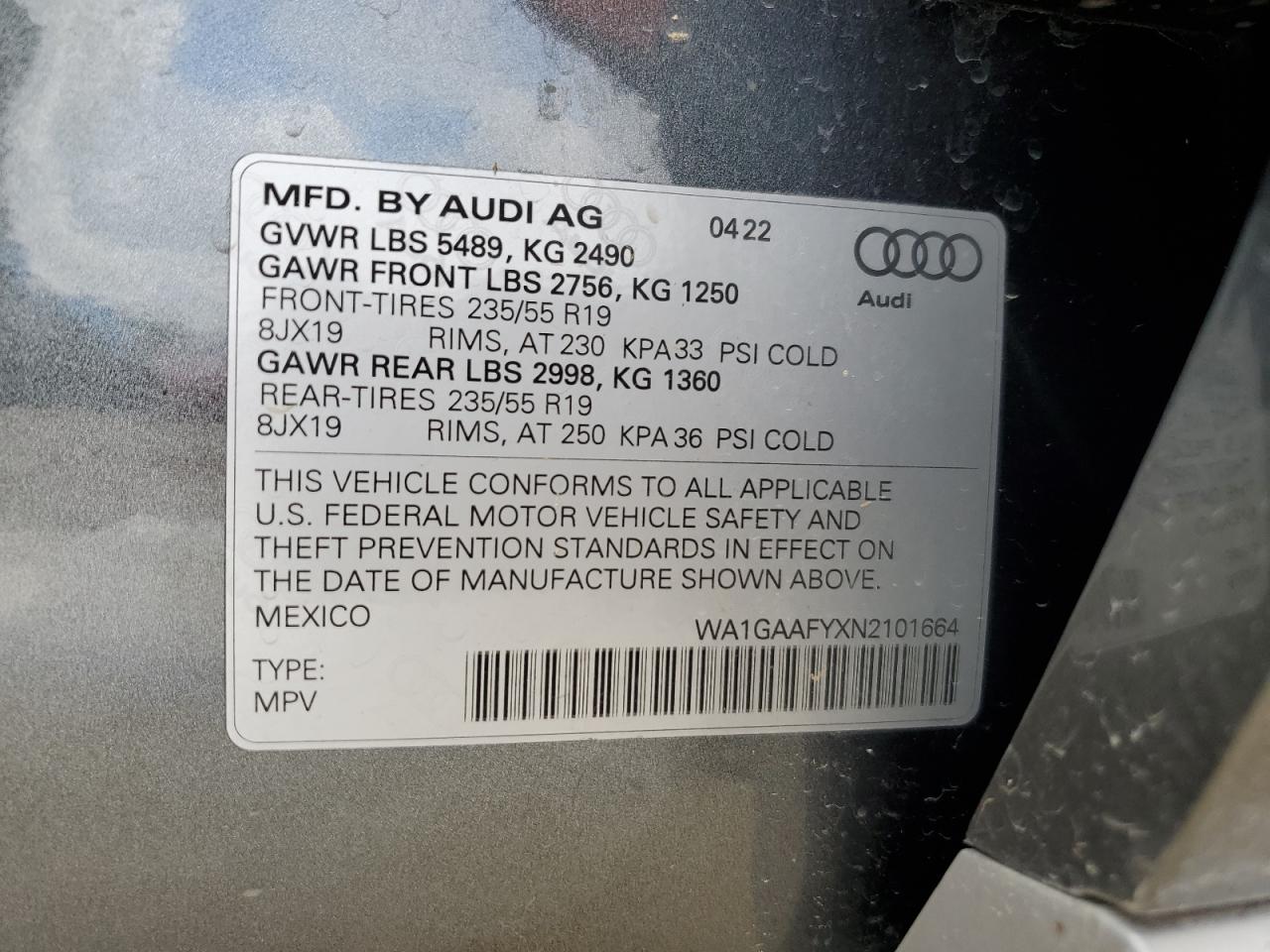 WA1GAAFYXN2101664 2022 Audi Q5 Premium 45